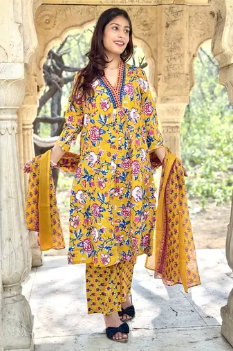 Women's Cotton Floral Printed Anarkali Kurta Palazzo Set with Dupatta 