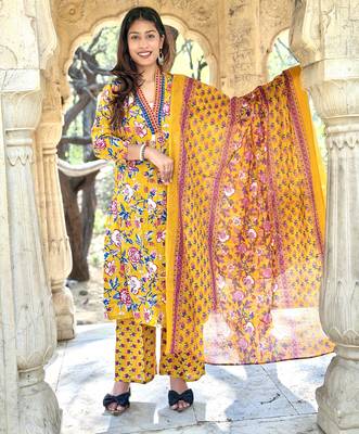Women's Cotton Floral Printed Anarkali Kurta Palazzo Set with Dupatta  7