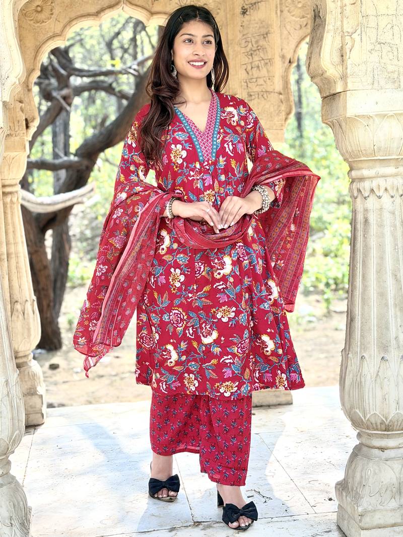 Women's Cotton Floral Printed Anarkali Kurta Palazzo Set with Dupatta 