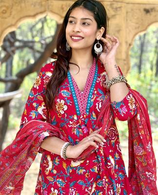 Women's Cotton Floral Printed Anarkali Kurta Palazzo Set with Dupatta  2