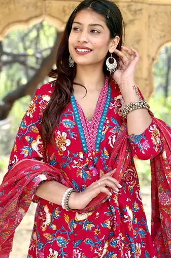 Women's Cotton Floral Printed Anarkali Kurta Palazzo Set with Dupatta 