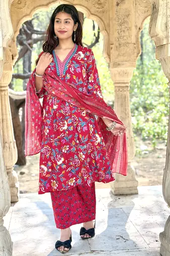 Women's Cotton Floral Printed Anarkali Kurta Palazzo Set with Dupatta 