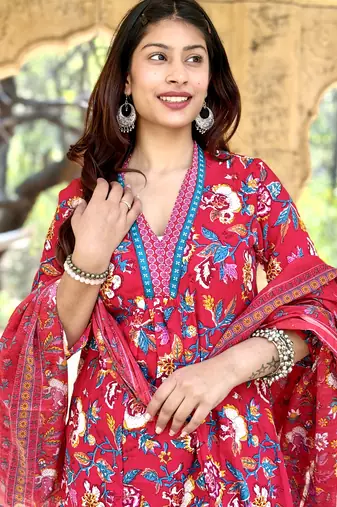 Women's Cotton Floral Printed Anarkali Kurta Palazzo Set with Dupatta 