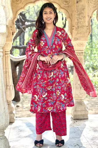Women's Cotton Floral Printed Anarkali Kurta Palazzo Set with Dupatta 