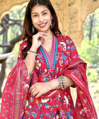 Women's Cotton Floral Printed Anarkali Kurta Palazzo Set with Dupatta  7