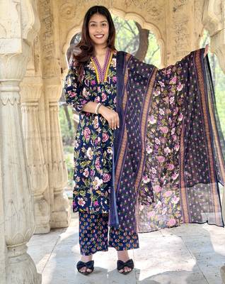 Women's Cotton Floral Printed Anarkali Kurta Palazzo Set with Dupatta  1
