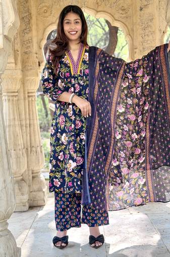 Women's Cotton Floral Printed Anarkali Kurta Palazzo Set with Dupatta 
