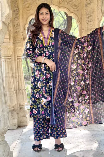 Women's Cotton Floral Printed Anarkali Kurta Palazzo Set with Dupatta 