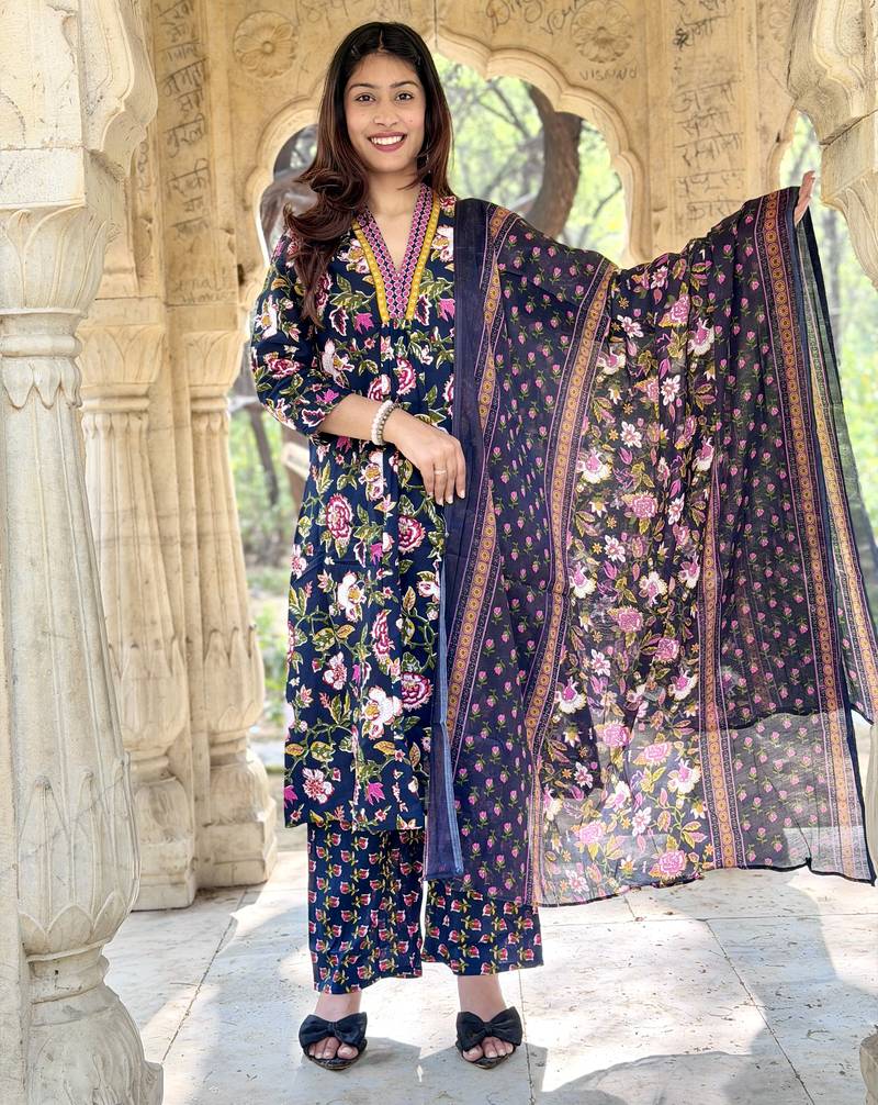 Women's Cotton Floral Printed Anarkali Kurta Palazzo Set with Dupatta 