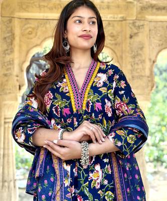 Women's Cotton Floral Printed Anarkali Kurta Palazzo Set with Dupatta  2