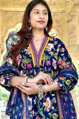 Women's Cotton Floral Printed Anarkali Kurta Palazzo Set with Dupatta 