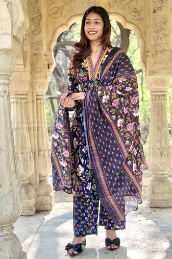 Women's Cotton Floral Printed Anarkali Kurta Palazzo Set with Dupatta 