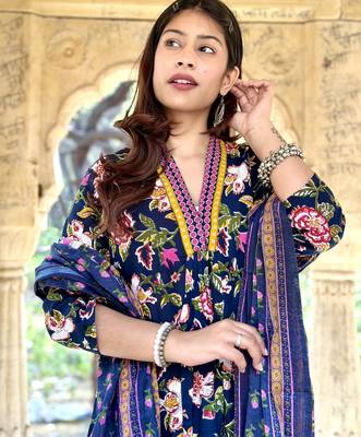 Women's Cotton Floral Printed Anarkali Kurta Palazzo Set with Dupatta  4