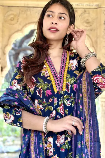 Women's Cotton Floral Printed Anarkali Kurta Palazzo Set with Dupatta 
