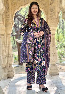 Women's Cotton Floral Printed Anarkali Kurta Palazzo Set with Dupatta  5