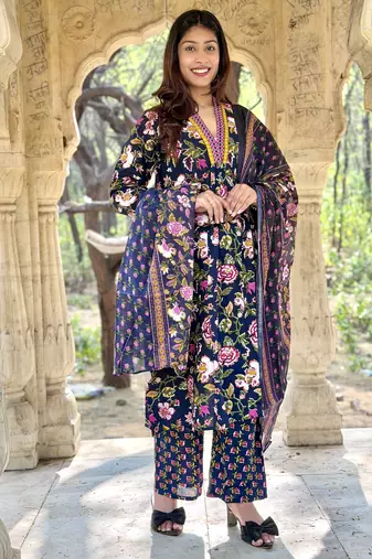 Women's Cotton Floral Printed Anarkali Kurta Palazzo Set with Dupatta 