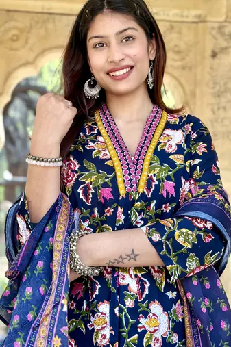 Women's Cotton Floral Printed Anarkali Kurta Palazzo Set with Dupatta 