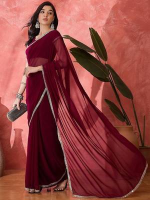 Women Maroon Georgette Solid Saree with Stitched Blouse 1