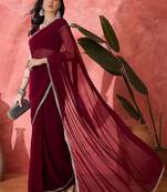 Women Maroon Georgette Solid Saree with Stitched Blouse