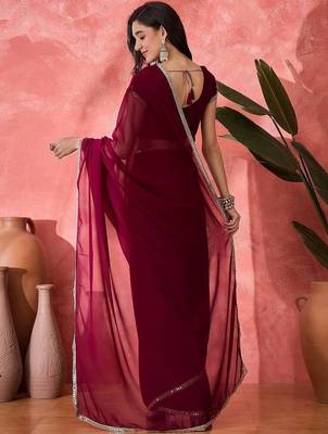Women Maroon Georgette Solid Saree with Stitched Blouse 2