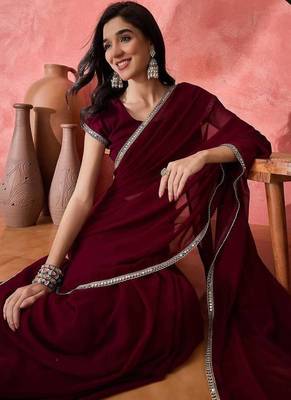 Women Maroon Georgette Solid Saree with Stitched Blouse 3