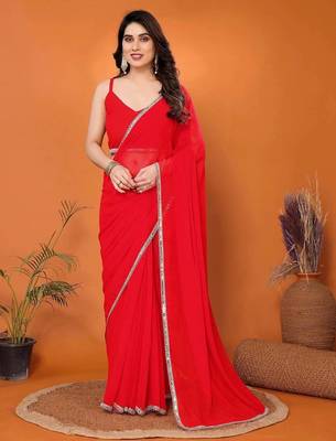 Women Red Georgette Solid Saree with Stitched Blouse 1