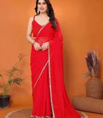 Women Red Georgette Solid Saree with Stitched Blouse