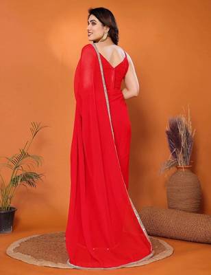 Women Red Georgette Solid Saree with Stitched Blouse 2