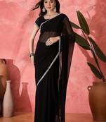 Women Black Georgette Solid Saree with stitched Blouse