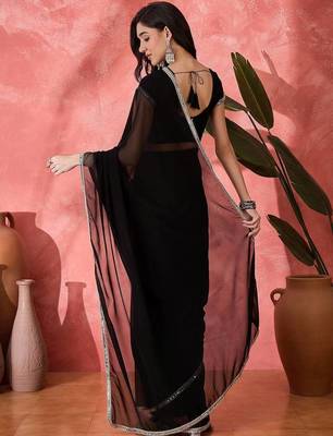 Women Black Georgette Solid Saree with stitched Blouse 2