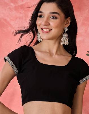 Women Black Georgette Solid Saree with stitched Blouse 3