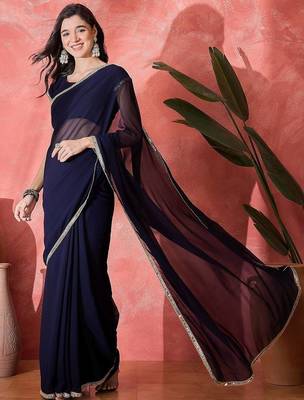 Women Blue Georgette Solid Saree with Stitched Blouse 1