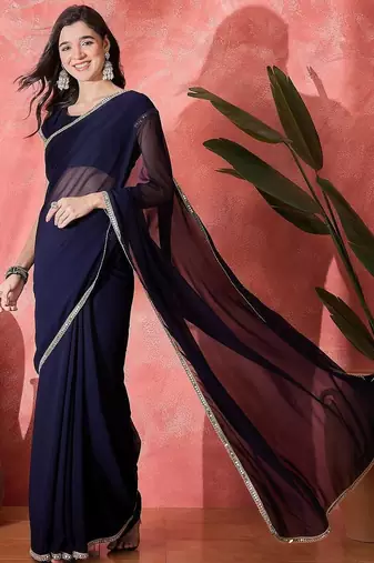 Women Blue Georgette Solid Saree with Stitched Blouse