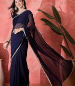 Women Blue Georgette Solid Saree with Stitched Blouse
