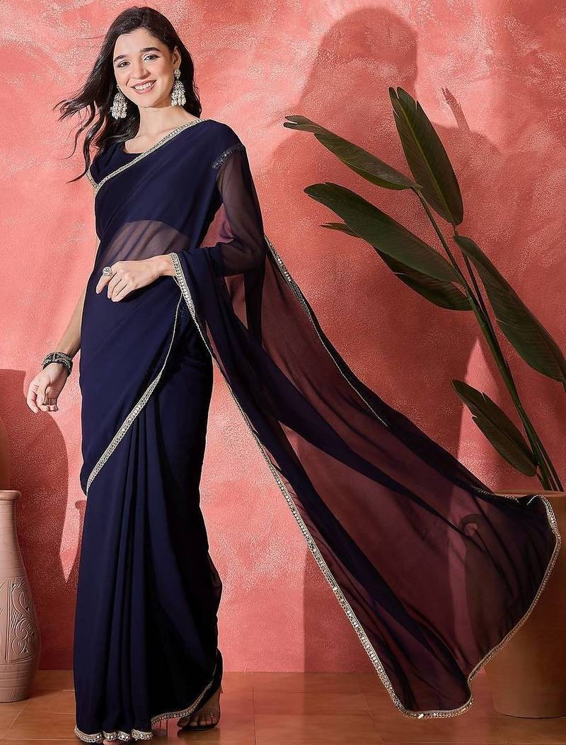 Women Blue Georgette Solid Saree with Stitched Blouse