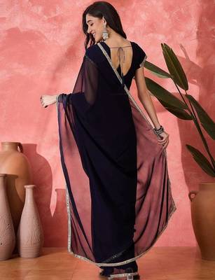 Women Blue Georgette Solid Saree with Stitched Blouse 2