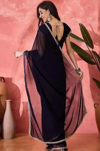 Women Blue Georgette Solid Saree with Stitched Blouse