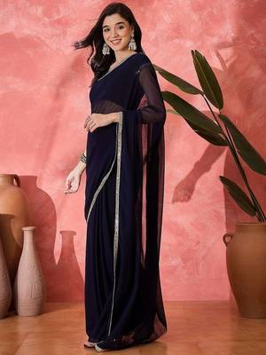 Women Blue Georgette Solid Saree with Stitched Blouse 3