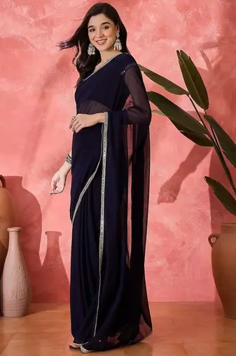 Women Blue Georgette Solid Saree with Stitched Blouse