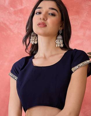 Women Blue Georgette Solid Saree with Stitched Blouse 4
