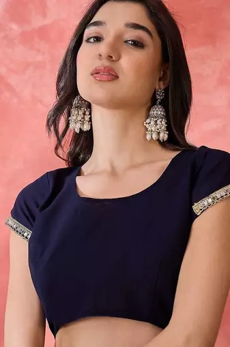 Women Blue Georgette Solid Saree with Stitched Blouse