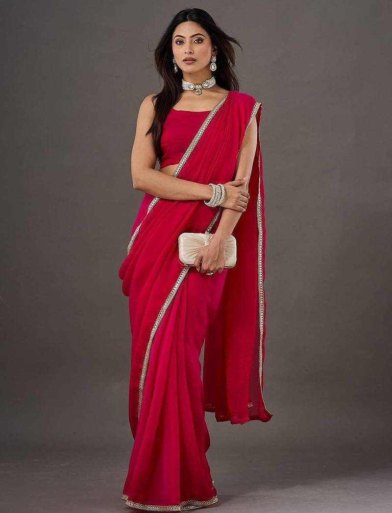 Pink Georgette saree with stitched blouse 