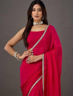 Pink Georgette saree with stitched blouse  4