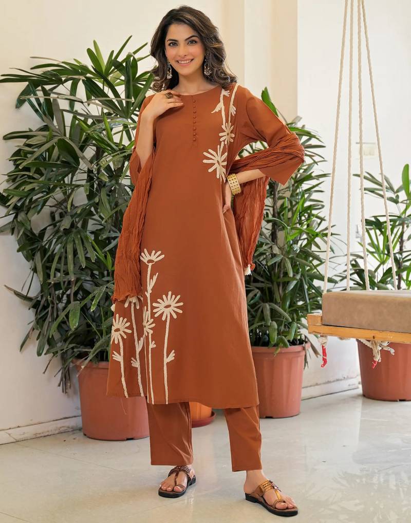 Women's Gorgeous Printed Work Rayon Slub Fabric Flared Kurta Pant and Dupatta Set