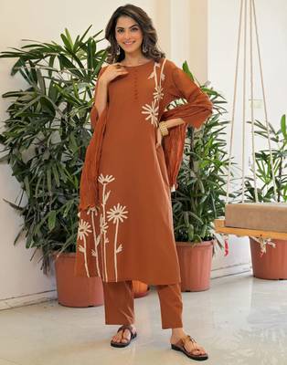 Women's Gorgeous Printed Work Rayon Slub Fabric Flared Kurta Pant and Dupatta Set 1
