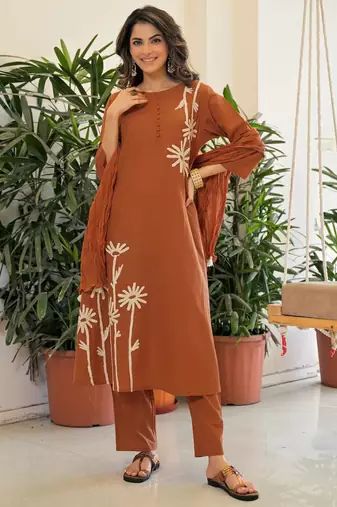 Women's Gorgeous Printed Work Rayon Slub Fabric Flared Kurta Pant and Dupatta Set