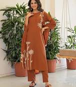 Women's Gorgeous Printed Work Rayon Slub Fabric Flared Kurta Pant and Dupatta Set
