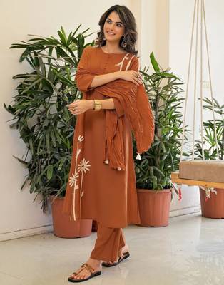 Women's Gorgeous Printed Work Rayon Slub Fabric Flared Kurta Pant and Dupatta Set 3