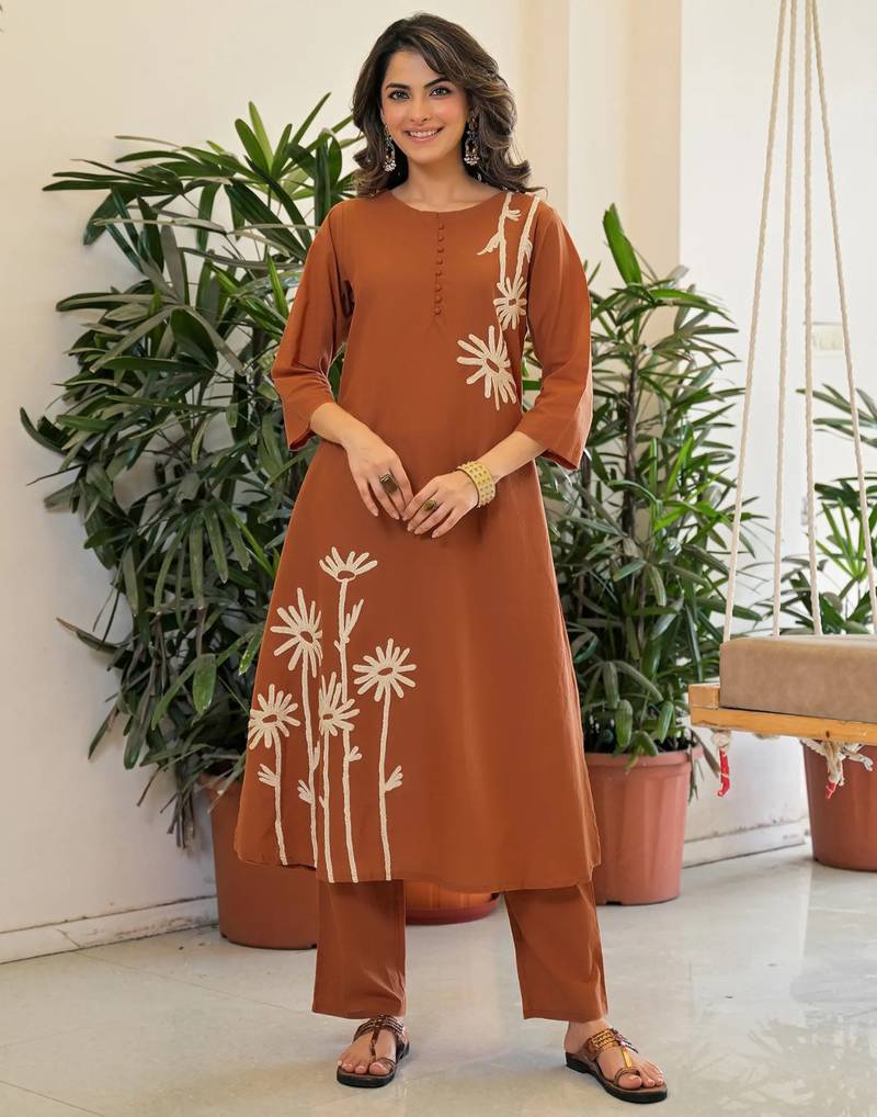 Women's Gorgeous Printed Work Rayon Slub Fabric Flared Kurta Pant and Dupatta Set