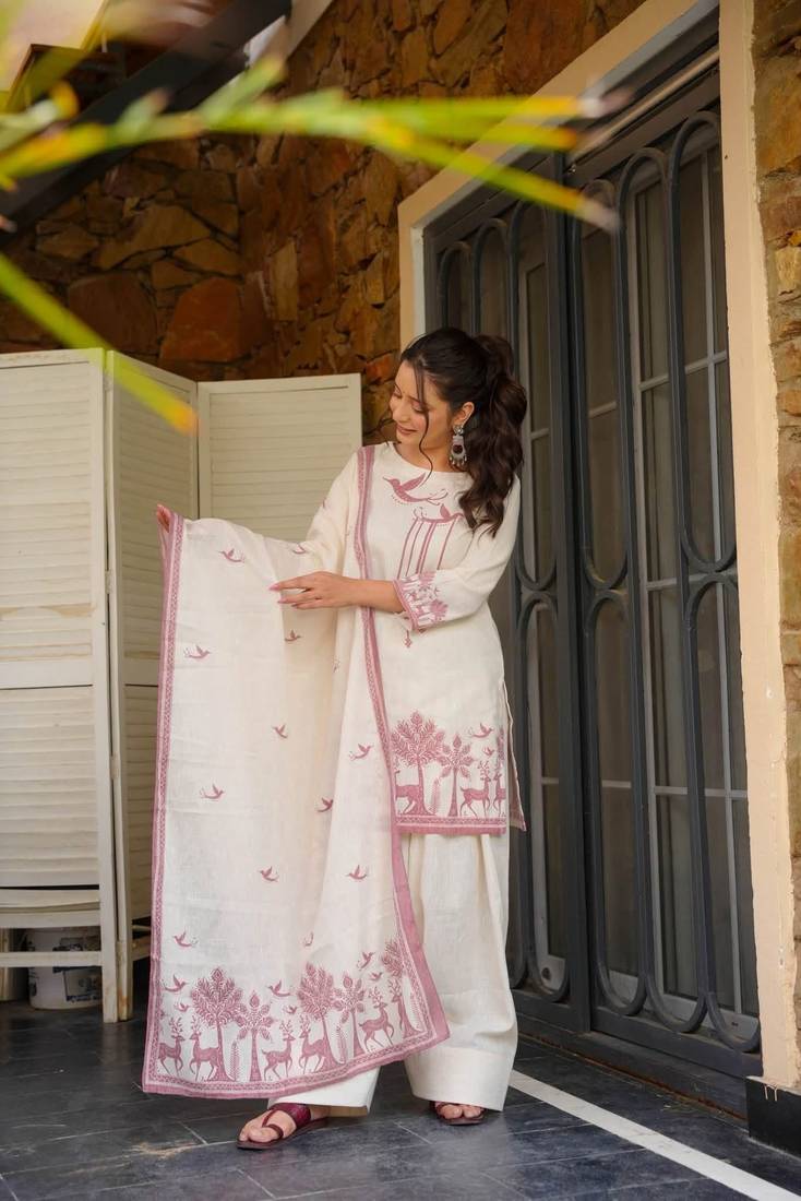 Women's Gorgeous Printed Work Khadi Cotton Fabric Straight Kurta Shalwar and Dupatta Set
